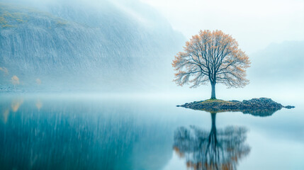 Arbre solitaire aux feuilles jaunes au milieu d'un lac avec de la brume
