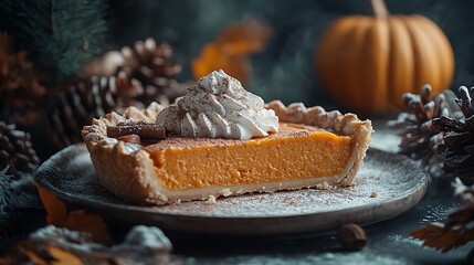 A delicious pumpkin pie, topped with whipped cream and a dash of cinnamon, placed on a rustic plate with autumn decorations around. The pie’s texture highlighted by soft lighting, creating a cozy,