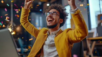 A dynamic shot of a young entrepreneur celebrating a successful crowdfunding campaign