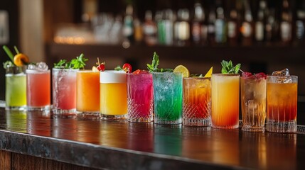 A dynamic shot of various colorful drinks lined up on a bar counter, showcasing diversity and flavor