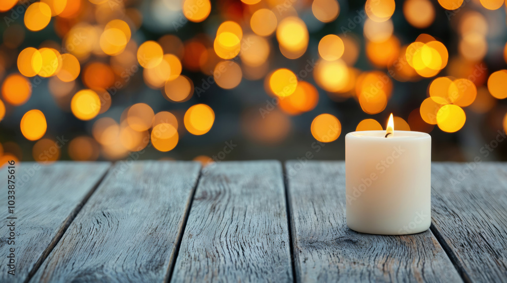 Poster Burning candle illuminating empty wooden table at twilight with bokeh lights