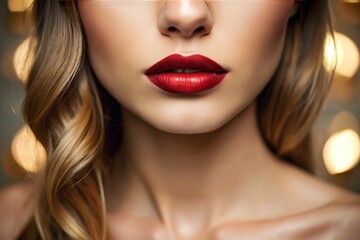 Close-up of Beautiful Female Lips with Beige Lipstick