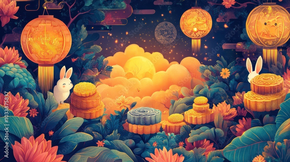 Poster a colorful painting of a forest with a moon and rabbits