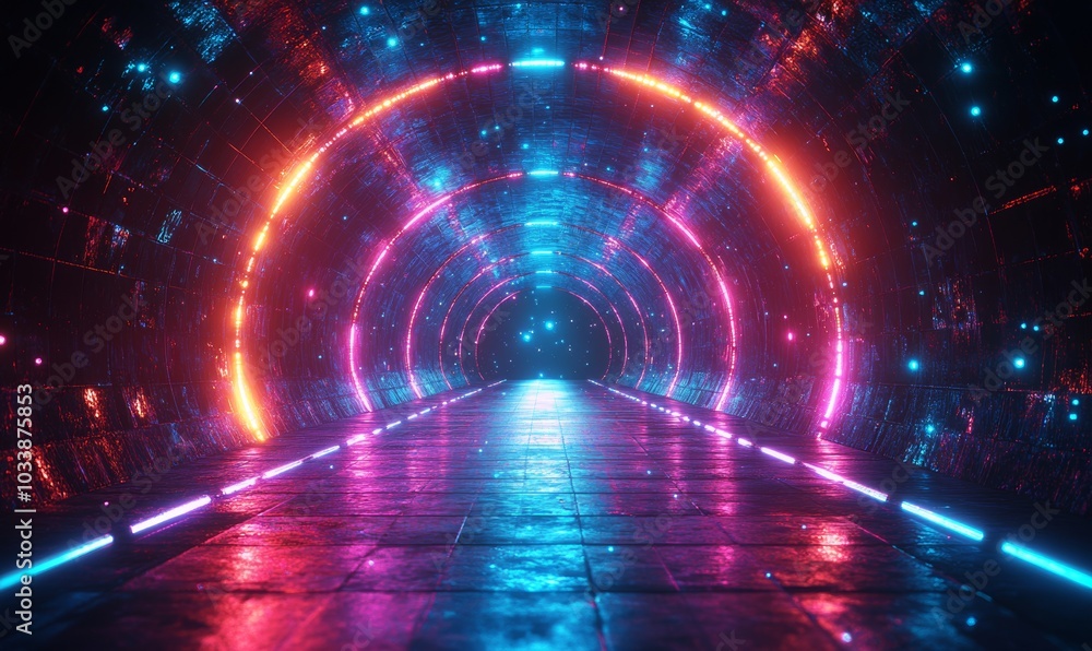 Poster dark abstract background showing an empty stage. glow of neon lights on an empty stage. night view.