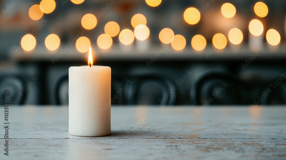 Poster burning candle illuminating an empty table in a restaurant