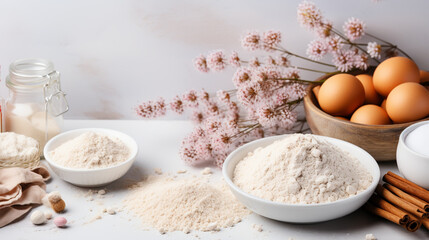 Fototapeta premium Cooking and baking ingredients utensils on ligh background. Lactose and gluten free. Long banner format. place for text.