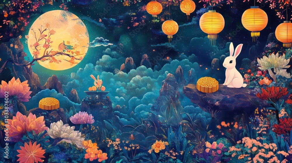 Poster a rabbit is sitting on a rock in front of a moon