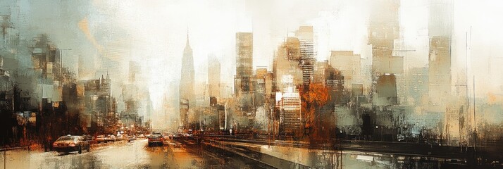 Abstract cityscape in muted tones with overlapping layers of texture and light