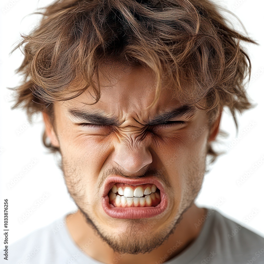 Poster a man with a scruffy beard and a red face is making a funny face