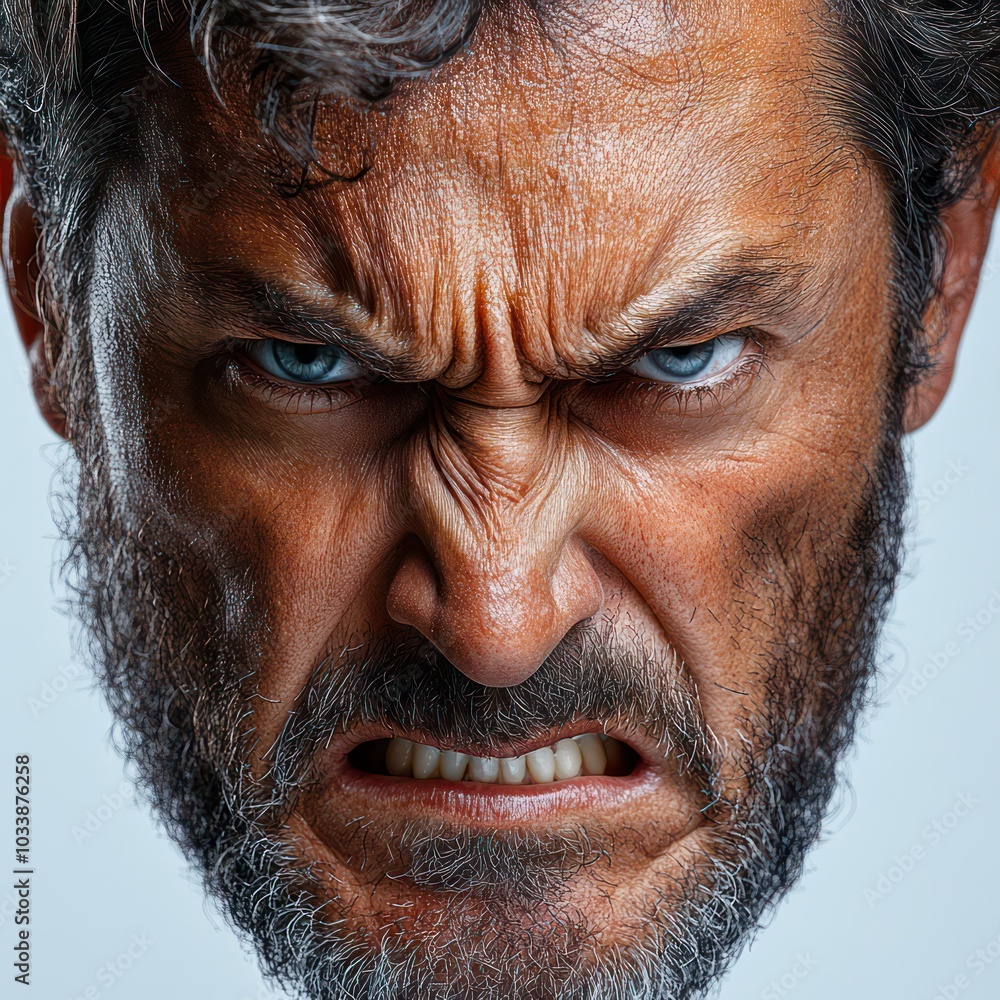 Poster a man with a beard and a scowl on his face