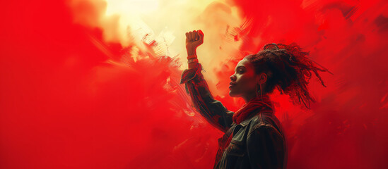 Powerful Protest: Person Raising Fist in Red Smoke, Symbol of Strength and Resilience