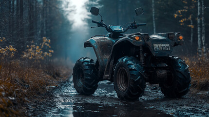 Muddy all-terrain vehicle navigating a misty forest trail on a cool autumn day