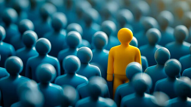 Unique Yellow Figurine Standing Out in a Crowd of Blue Figures Symbolizing Individuality, Leadership, and Standing Out from the Crowd in a Conceptual and Stylized Representation