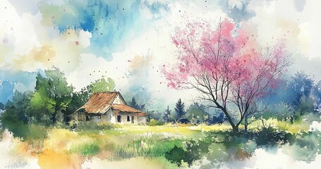 風景　田舎　水彩画風