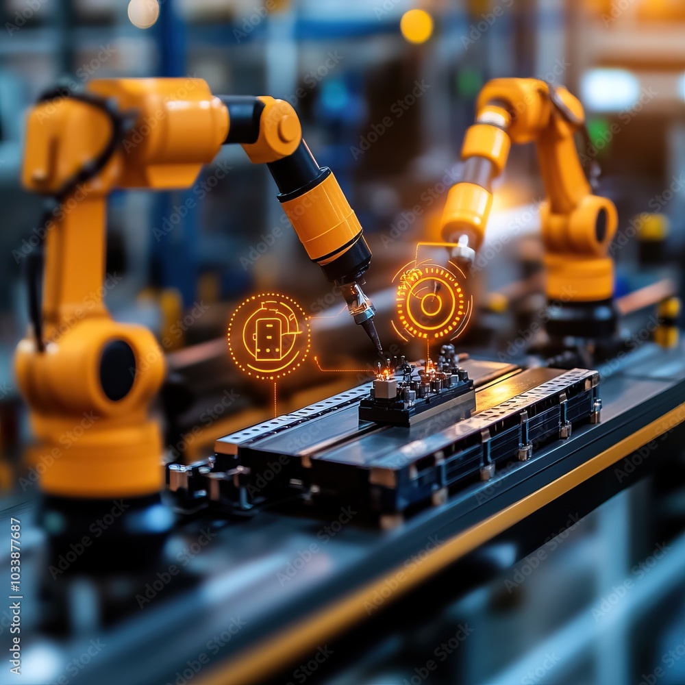 Poster advanced robotic arms working on an assembly line in a modern industrial environment.