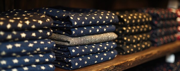 An array of neatly folded, patterned textile fabrics with various designs, arranged on a wooden shelf, showcasing detailed textures and intricate patterns