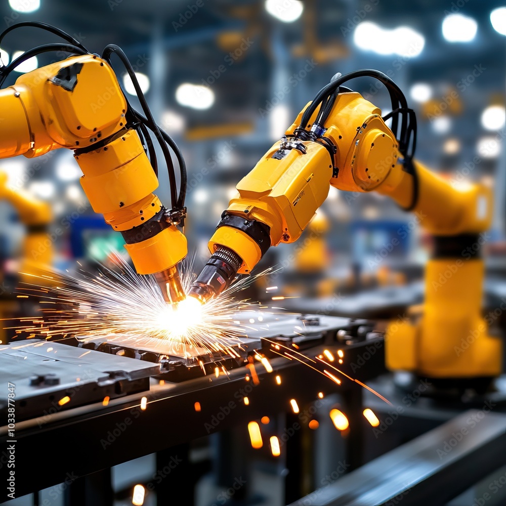 Poster automated robotic arms working in a manufacturing facility, creating sparks during metal processing.
