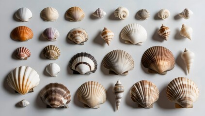 Collection of Diverse Sea Shells Displayed in Rows, Featuring Various Shapes, Sizes, and Colors, Including Conical, Spiral, and Fan-Shaped Shells, Perfect for Nature, Marine Life, and Beach-Themed Pro