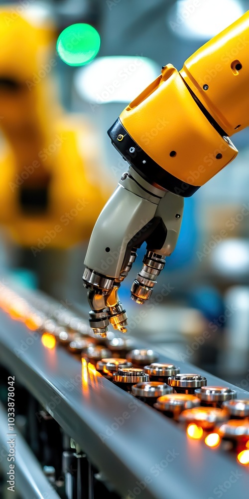 Aufkleber close-up of a robotic arm assembling components on a production line in a modern factory setting.