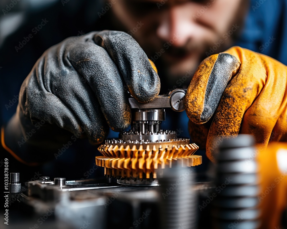 Poster close-up of a skilled worker assembling mechanical gears with precision and care in a workshop envir