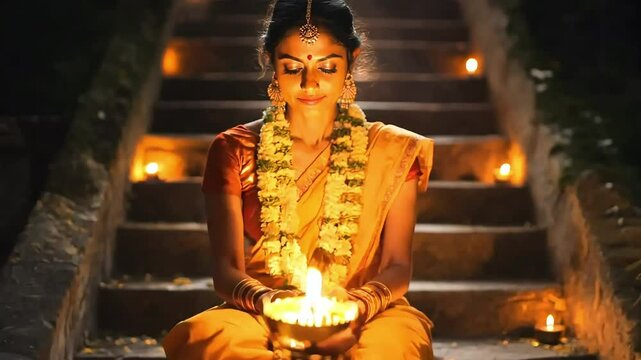 A beautiful woman in a saree holding a diya (oil lamp) and lighting it, sitting on stairs with a garland around her, full body shot, cinematic, with the dark light of candles. 