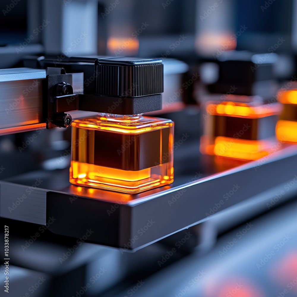 Poster close-up of automated machinery handling glass perfume bottles in a production line.