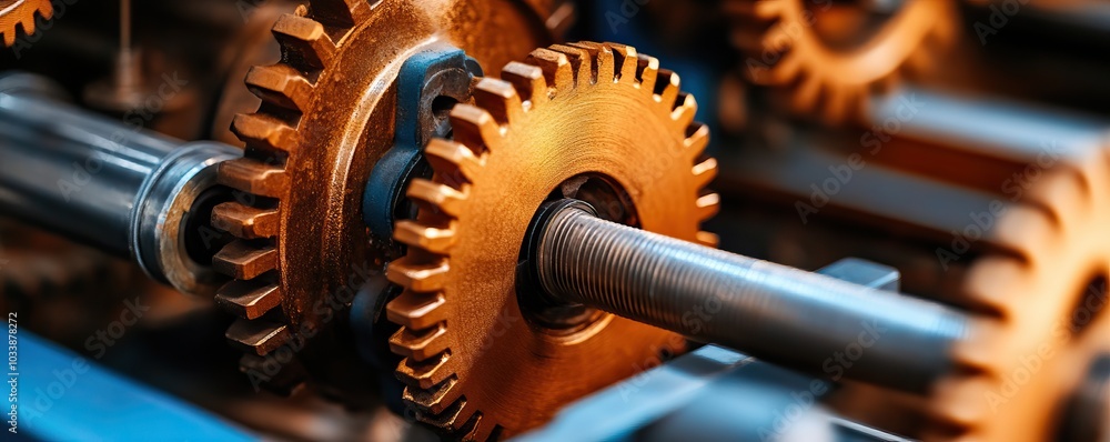 Poster close-up of mechanical gears in motion, showcasing intricate design and engineering.