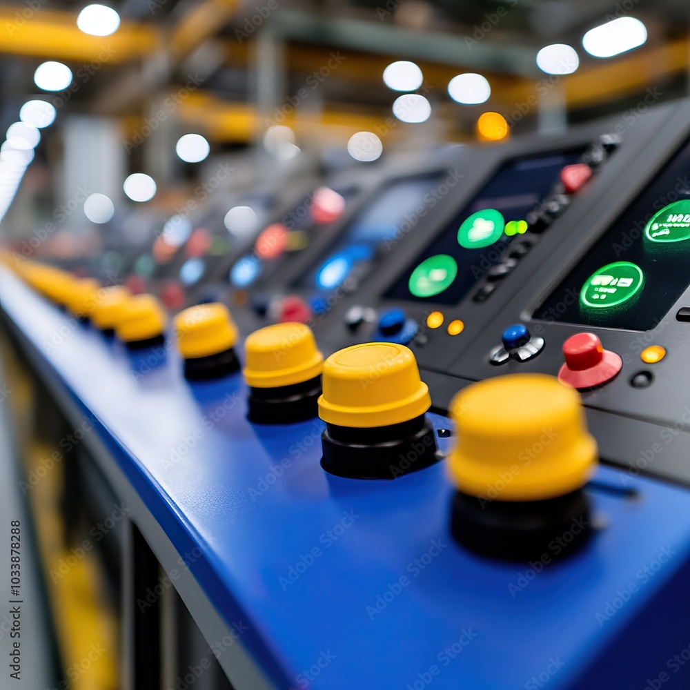 Aufkleber close-up of modern control panel in a factory, featuring colorful buttons and digital displays.