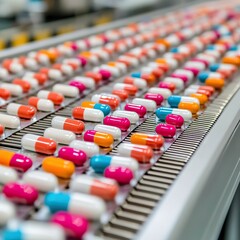 Obraz premium Colorful capsules on a production line, showcasing the pharmaceutical manufacturing process.