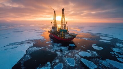 Obraz premium A large red ship is in the middle of a frozen ocean