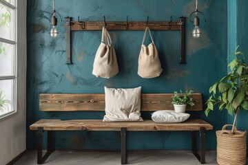 Industrial style entryway with a wooden slat and metal frame coat rack, two hanging LED lights, a natural wood bench with black steel legs, dark teal walls, and neutral-toned canvas shoe bags.