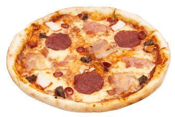 Slice of salami pizza isolated on a white background. Sliced pizza overhead view.