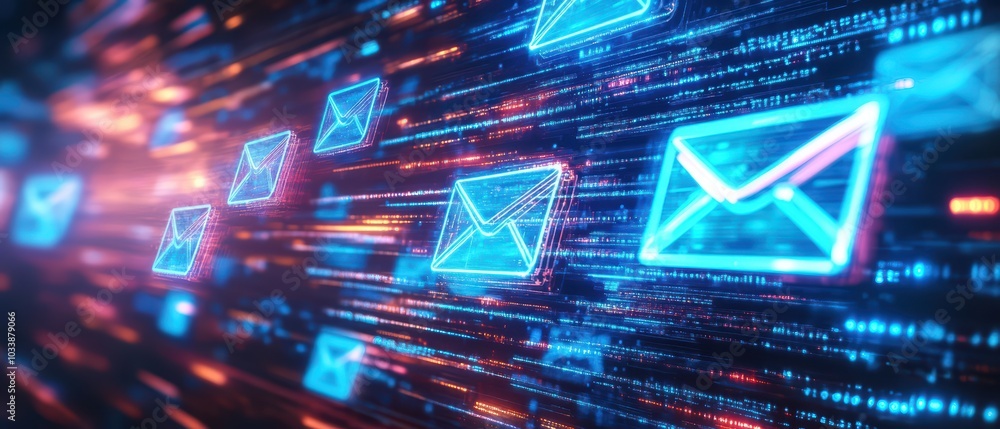 Poster dynamic digital communication illustration featuring glowing email icons amidst a flow of data strea