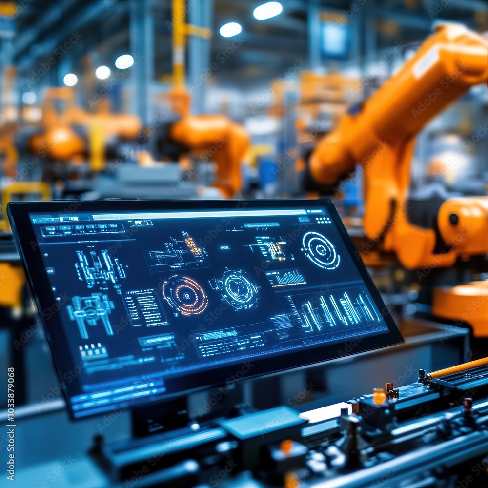 Poster futuristic factory control panel displaying advanced metrics and robotic arms at work, showcasing au