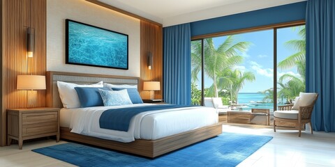 A beautifully decorated bedroom in a tropical beach resort with modern furniture, blue accents, and a large window providing a scenic ocean view