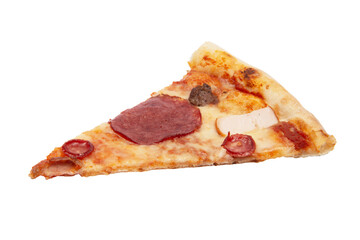 Slice of salami pizza isolated on a white background. Sliced pizza overhead view.