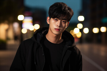 A striking portrait of a handsome Korean man with soft, tousled fringes, wearing a high-fashion coat.fringes sweeping across his forehead, glowing skin, and soft brown eyes.