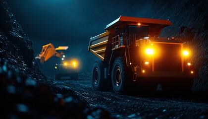 Heavy mining trucks transporting materials in a dark, illuminated underground environment.