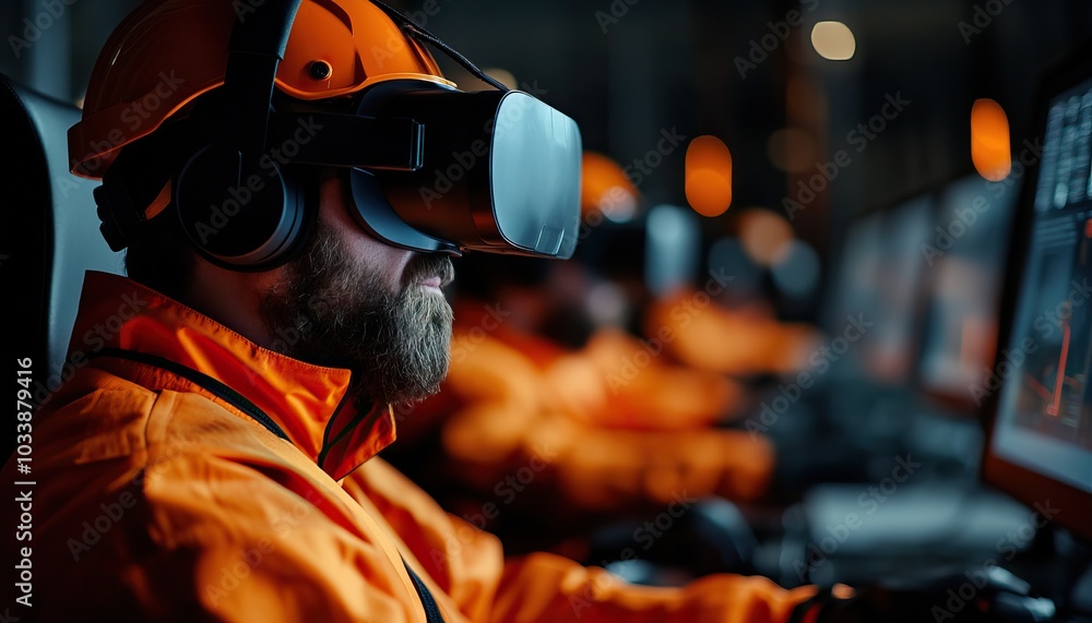 Poster man in vr headset engaged in a virtual reality experience in a dimly-lit environment.