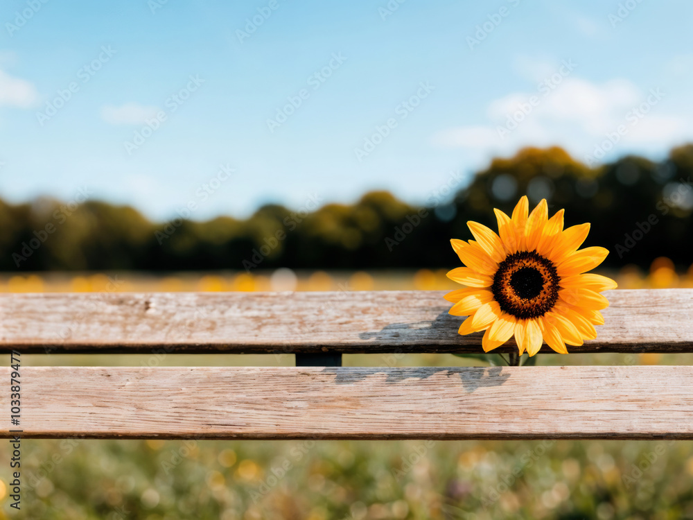 Poster single sunflower is lying on an empty bench in a sunflower field, with a blurred background of trees