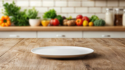 White empty plate lying on a wooden table with a kitchen with vegetables in the background