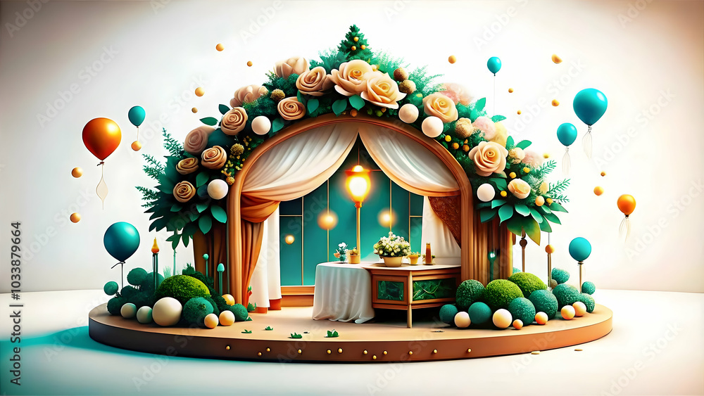 Poster bokeh wedding reception concept: elegant celebration with soft bokeh lighting and abstract elements,