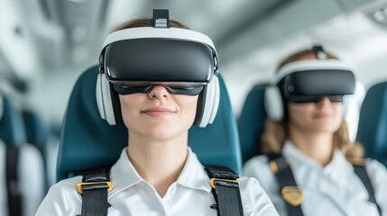 Passengers enjoying virtual reality experience on a flight, wearing VR headsets in a modern aircraft setting.