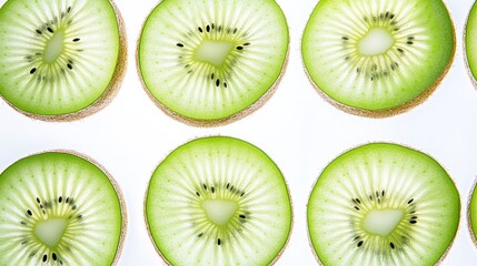 Fototapeta premium Fresh kiwi slices arranged neatly, showcasing vibrant green color and unique texture, perfect for healthy food photography.