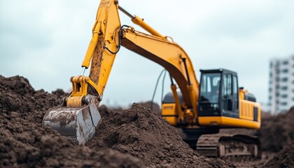 Yellow excavator digging through dirt on construction site, working on heavy machinery.