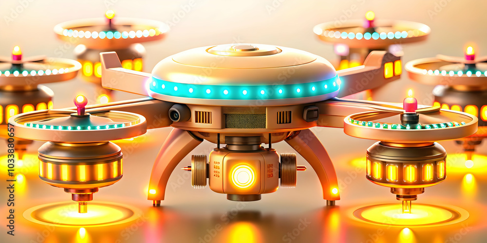Poster futuristic drone light show concept: close-up macro view of drones with led lights creating synchron