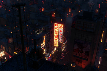 A high angle view of a city skyline at night with neon signs and street lights.
