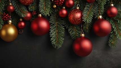 Festive Christmas Background with Red and Gold Ornaments and Pine Branches