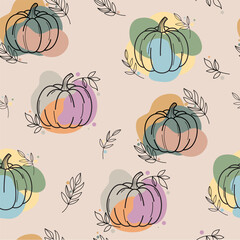 Pumpkins from a branch with leaves in a linear style. Pumpkin and thin branches with spots. Pastel color scheme. Vector seamless autumn pattern in warm shades.