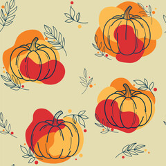 Pumpkins from twigs with leaves in linear style. Pumpkin and thin branches with colored spots. Autumn colors. Vector seamless autumn pattern in warm shades.
